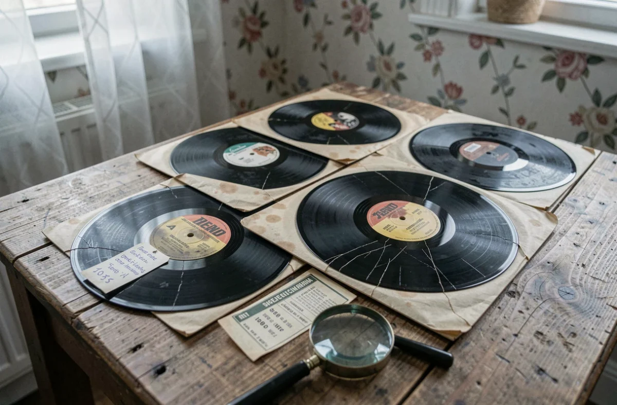 Collection de disques 78 tours posés sur une table en bois avec un guide de prix vintage et une loupe pour estimer leur valeur