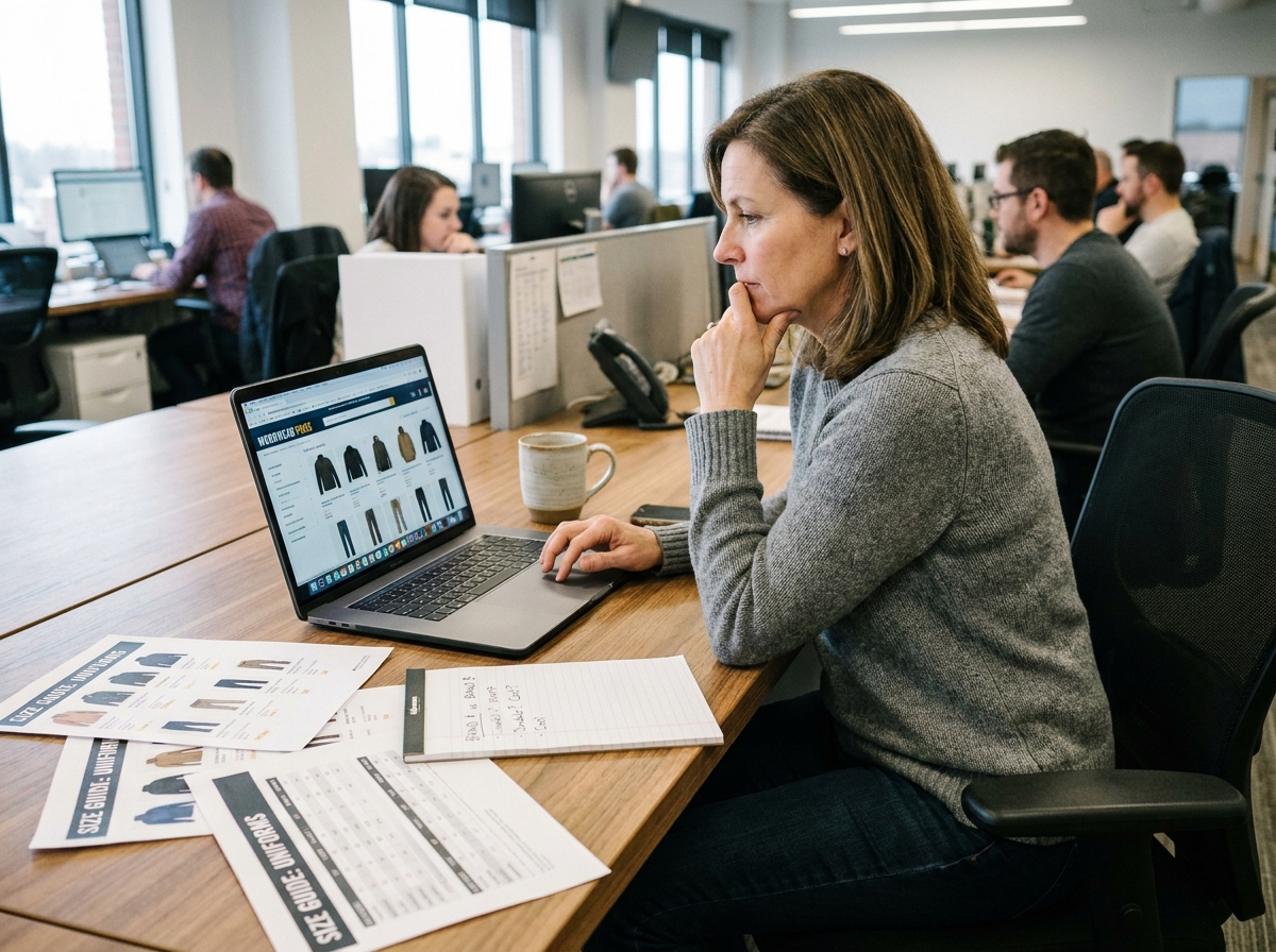 Coordinatrice d'équipe comparant des vêtements de travail professionnels sur un site de vente en ligne depuis son bureau