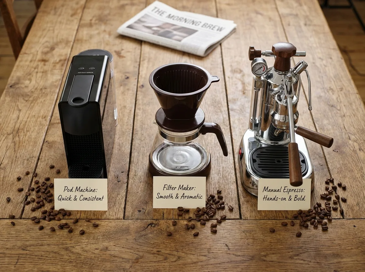 Comparaison de trois types de machines à café posées côte à côte sur une table en bois avec des grains de café éparpillés