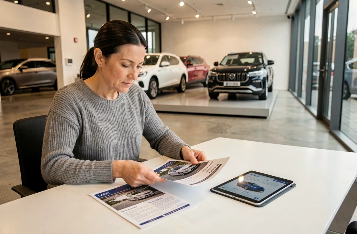 Femme comparant les fiches techniques et brochures de différentes marques automobiles dans un showroom moderne