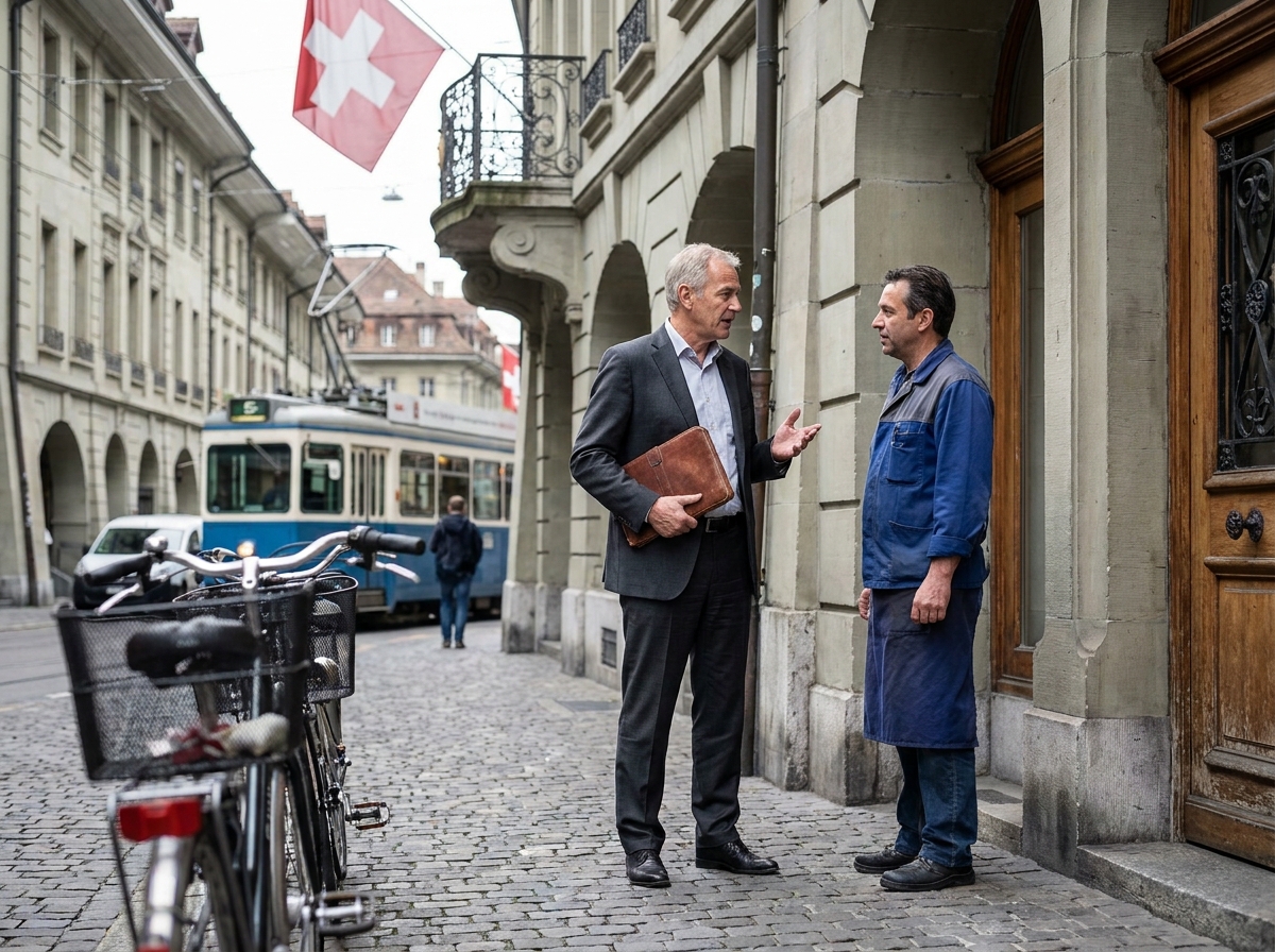 Consultant senior suisse discutant avec un entrepreneur local devant un bâtiment historique en pierre dans une ville suisse