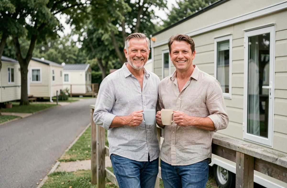 Couple souriant devant un mobil-home haut de gamme dans un parc résidentiel de loisirs en bord de mer