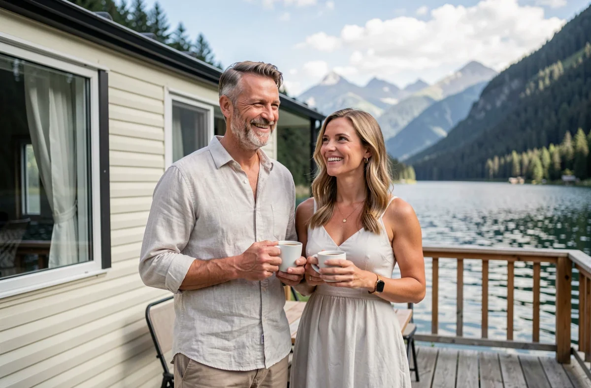 Couple profitant de la terrasse de leur mobil-home fran&ccedil;ais au bord d'un lac alpin dans un camping de montagne