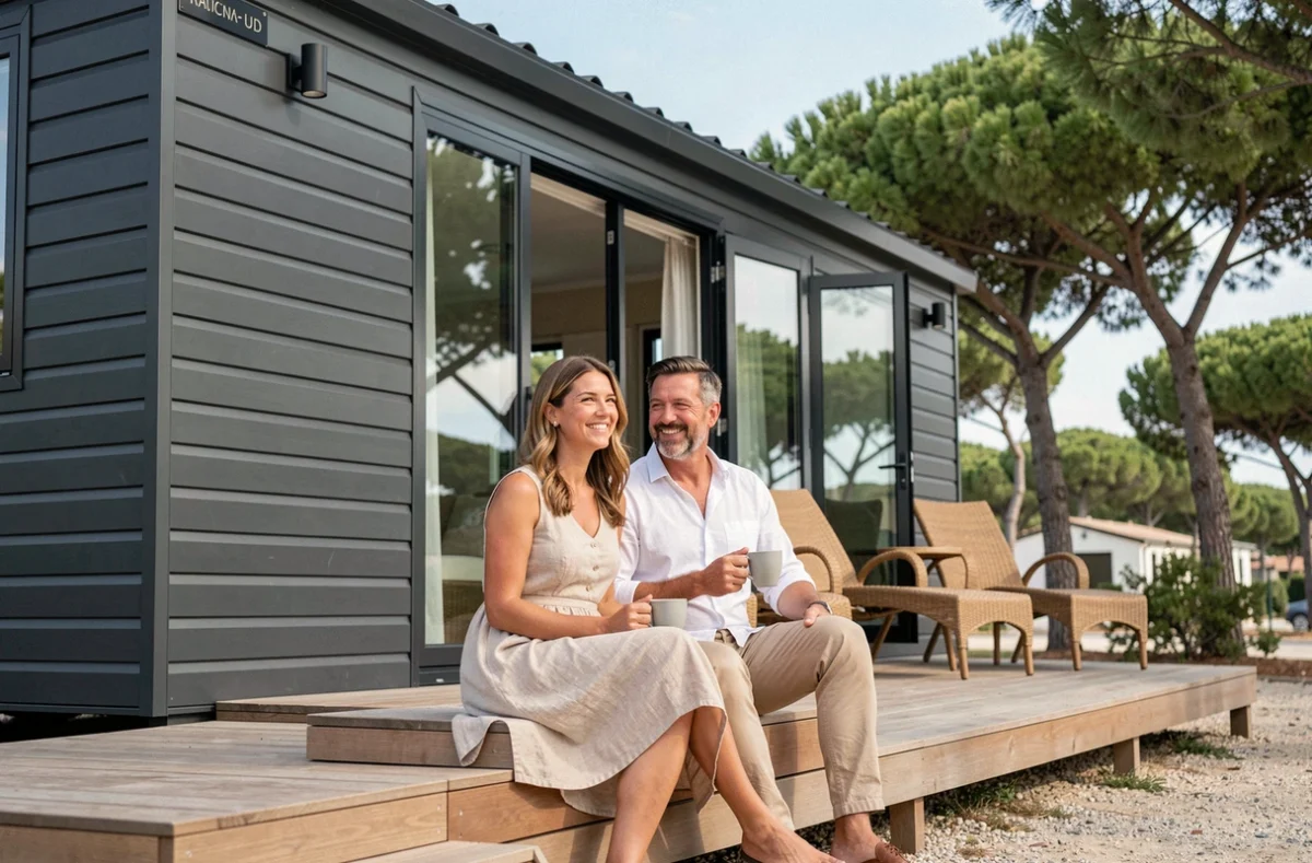 Couple profitant de la terrasse d'un mobil-home design fran&ccedil;ais haut de gamme dans un camping c&ocirc;tier m&eacute;diterran&eacute;en