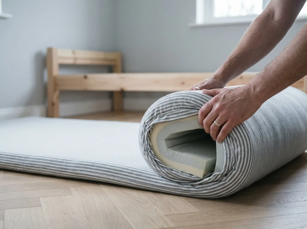 Déroulement d'un matelas compressé en boîte pour lit cabane 80x160 cm sur parquet en chêne