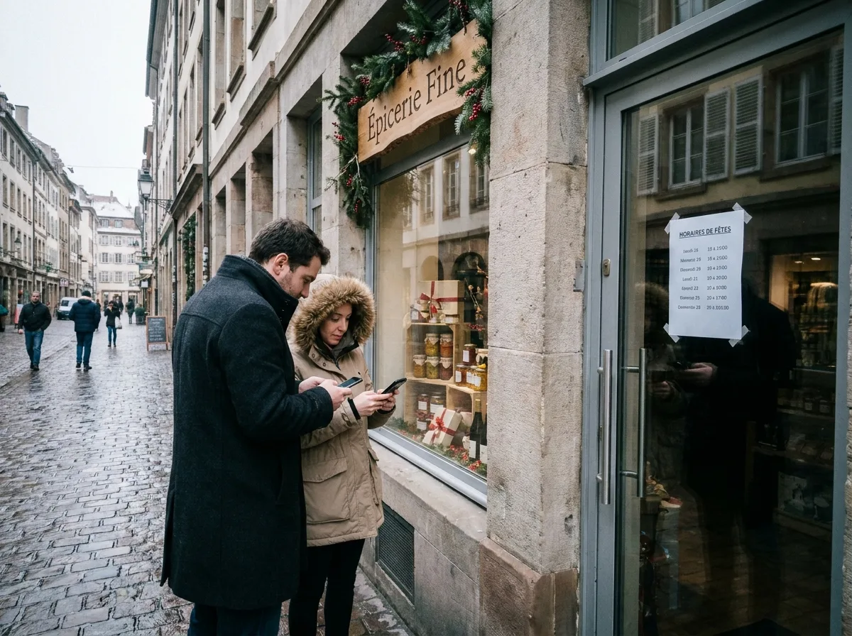 Devanture de commerce affichant ses horaires de Noël avec des passants consultant leur téléphone en rue