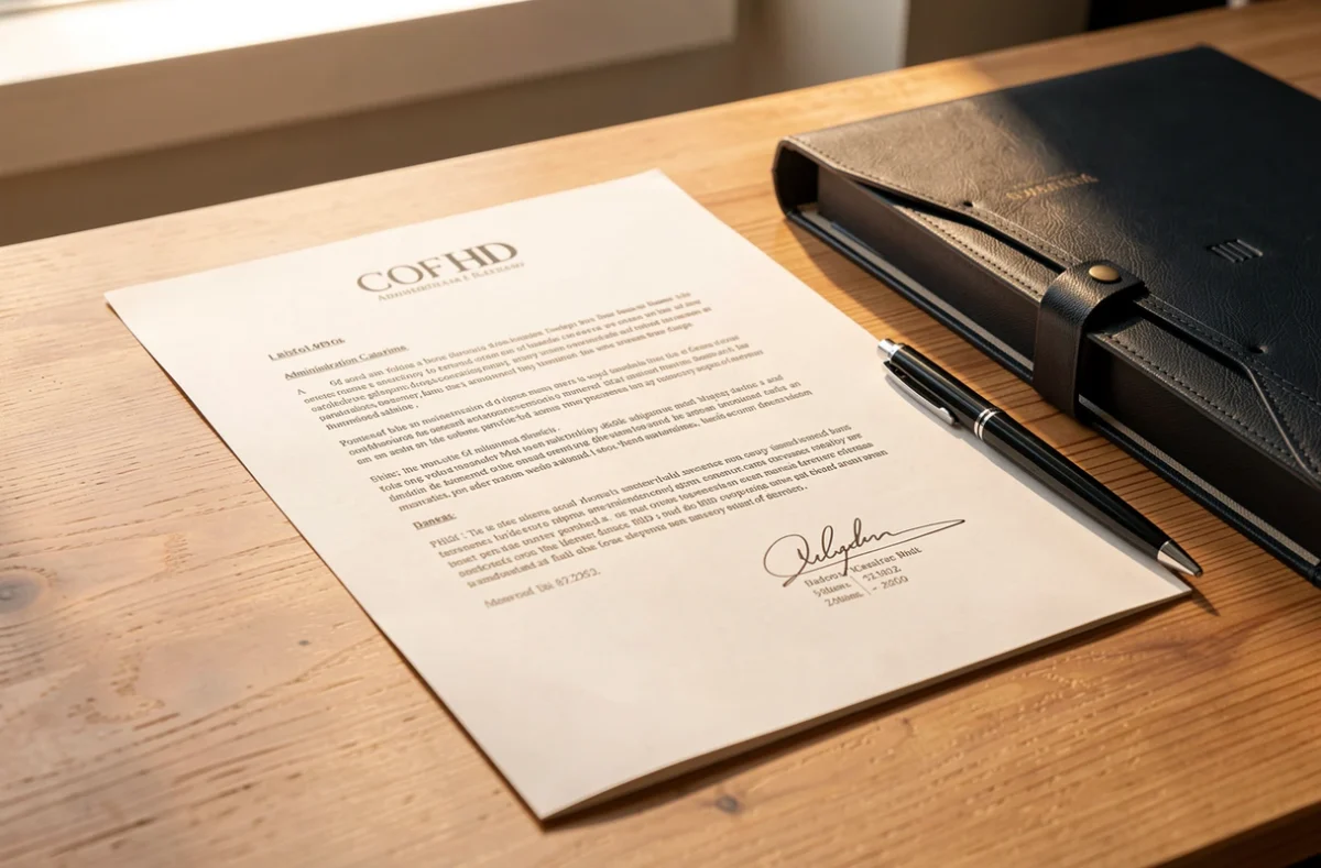 Document administratif sign&eacute; pos&eacute; sur un bureau avec un dossier