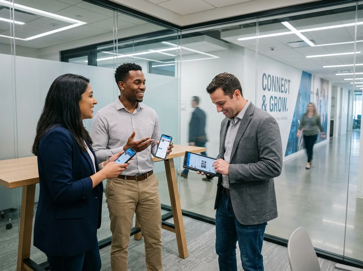 Équipe de collaborateurs discutant de leur stratégie LinkedIn en tant qu'ambassadeurs de marque lors d'une réunion en entreprise