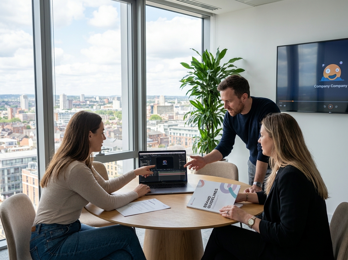 &Eacute;quipe cr&eacute;ative discutant du format et de la dur&eacute;e d'une vid&eacute;o motion design pour pr&eacute;senter une entreprise autour d'une table de r&eacute;union