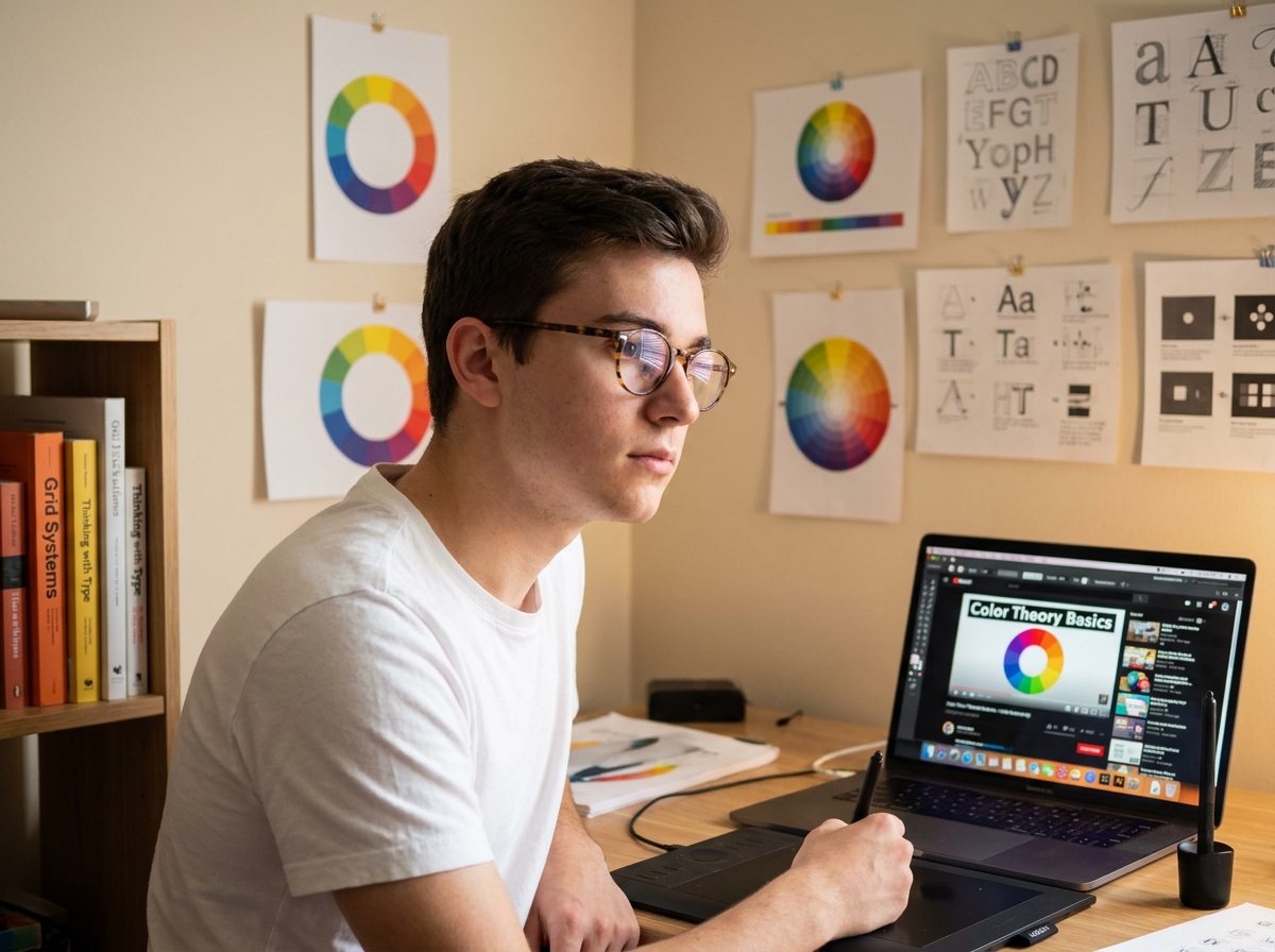 Jeune étudiant suivant une formation en ligne en graphisme depuis son bureau à domicile