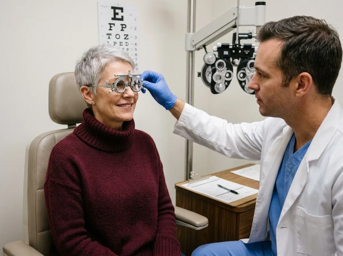 Opticien ajustant une monture d'essai lors d'un examen de vue pour une femme d'&acirc;ge m&ucirc;r