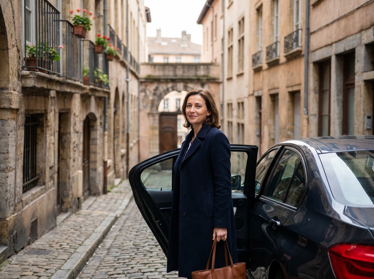 Femme sortant de sa voiture avec assurance dans le quartier de la Croix-Rousse &agrave; Lyon