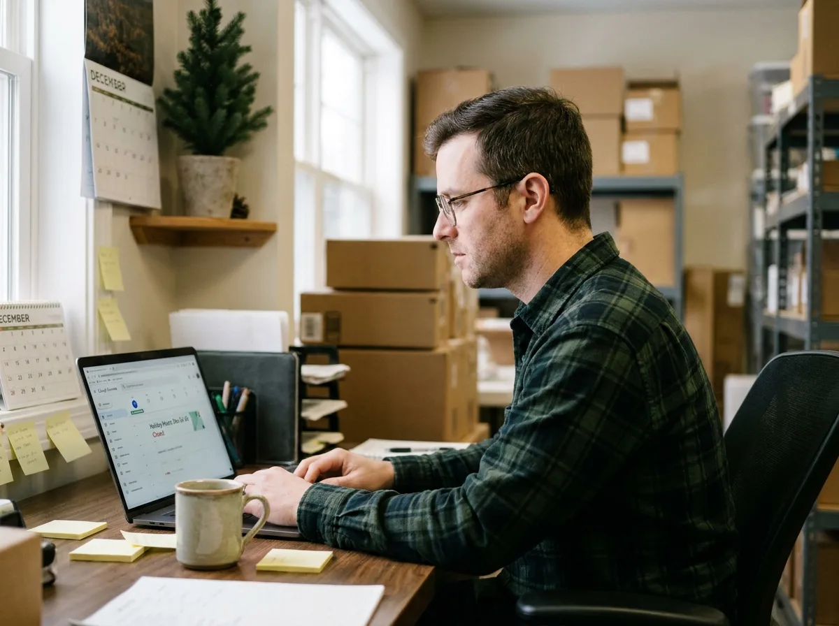 Gérant d'une boutique mettant à jour ses horaires de Noël sur Google en arrière-boutique