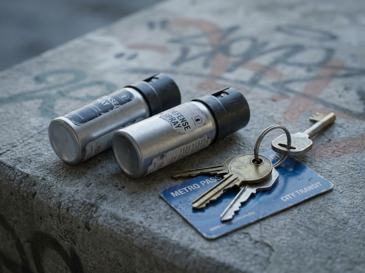 Gros plan sur des sprays de d&eacute;fense pos&eacute;s sur une surface en b&eacute;ton urbain avec des cl&eacute;s et une carte de transport, mat&eacute;riel de s&eacute;curit&eacute; quotidien