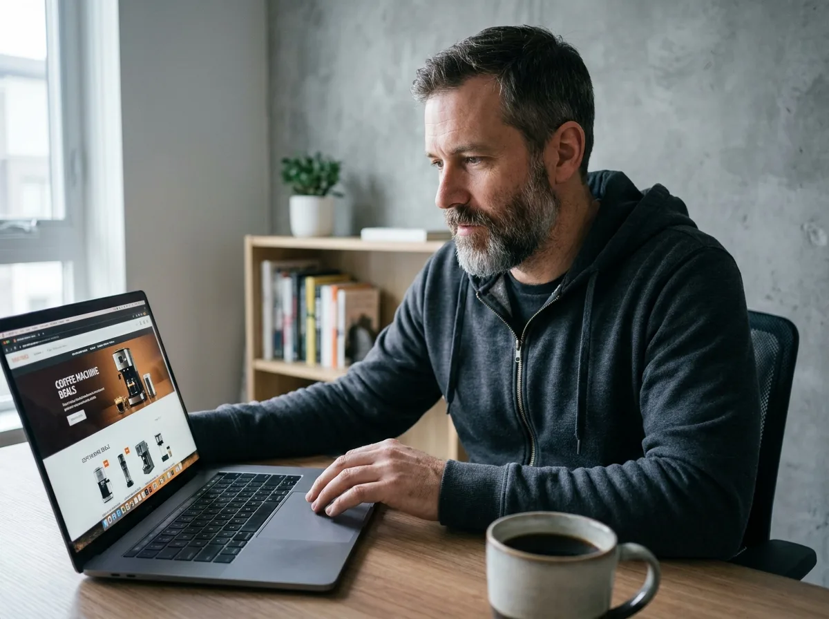Homme en sweat gris cherchant une machine à café en promotion sur son ordinateur portable avec un café noir posé sur son bureau