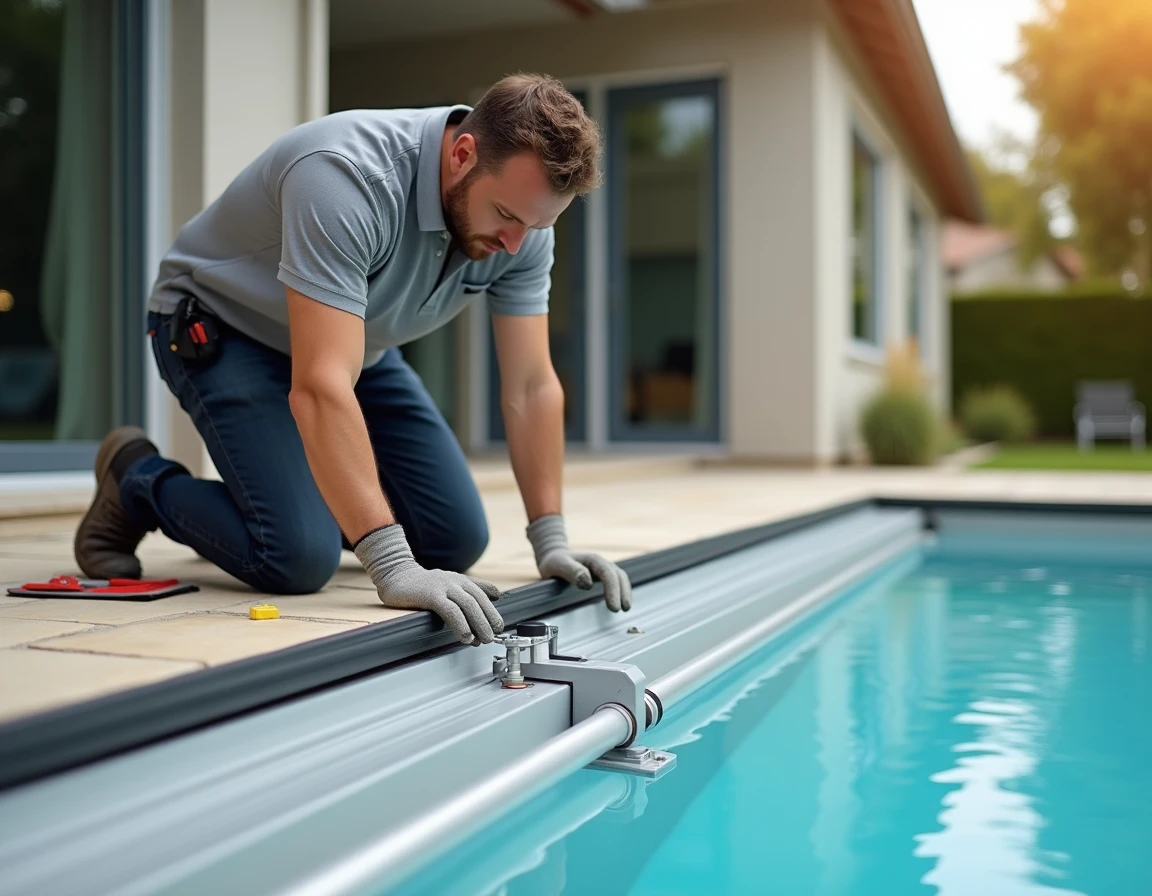 Installateur posant les rails d'un abri de piscine t&eacute;lescopique sur un carrelage en gr&egrave;s beige