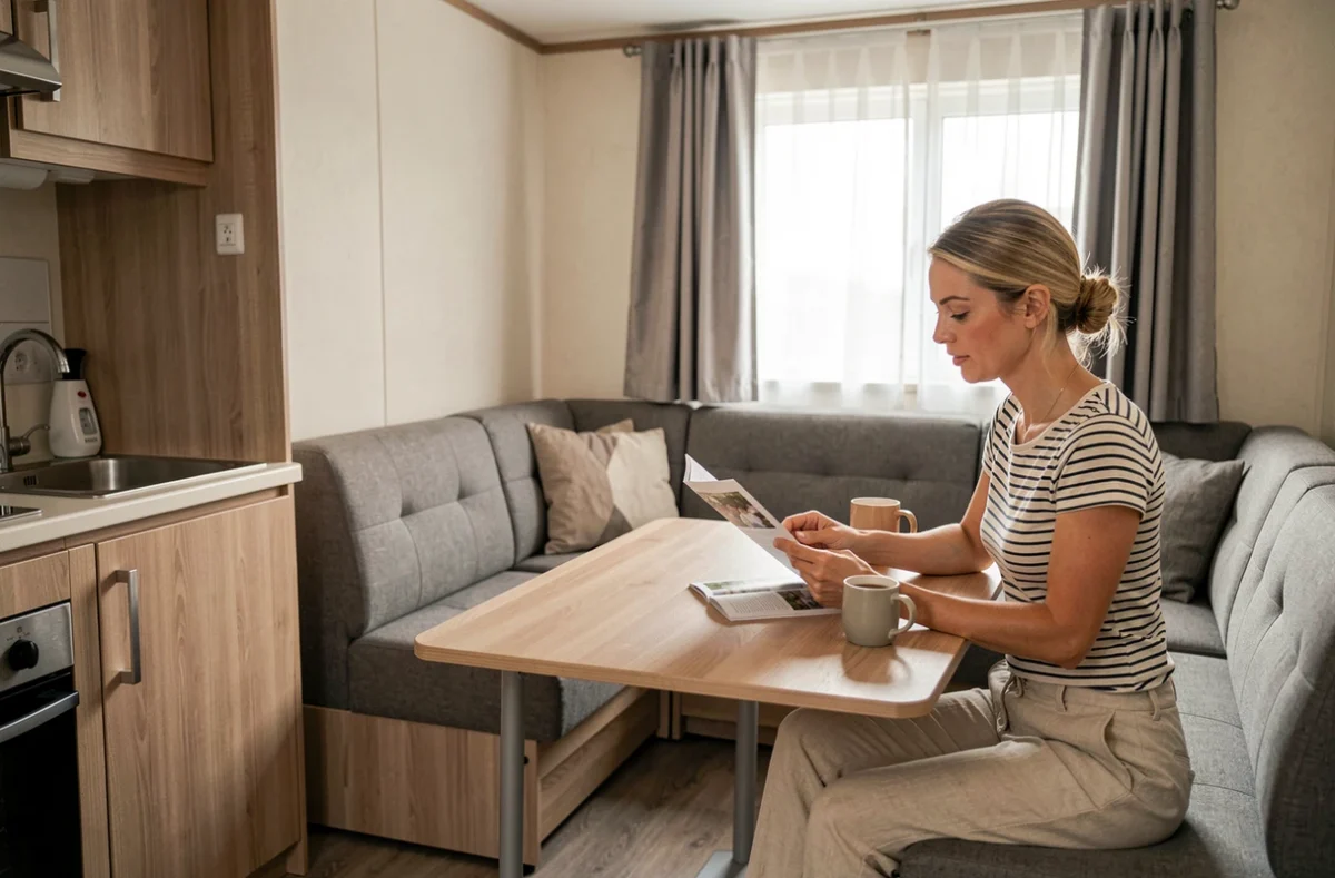 Intérieur aménagé d'un mobil-home milieu de gamme avec espace cuisine et salon, illustrant la qualité des équipements pour un bon rapport qualité-prix