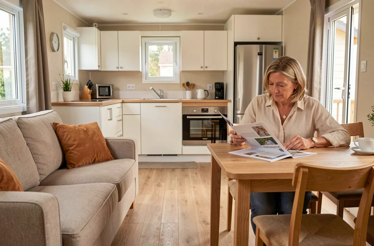 Intérieur spacieux d'un mobil-home contemporain avec cuisine équipée, sol en parquet clair et espace salon confortable