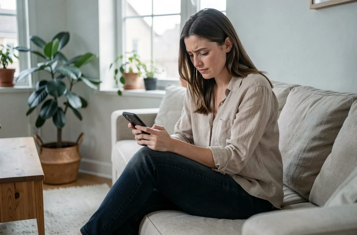 Jeune femme assise sur un canap&eacute; consultant son t&eacute;l&eacute;phone pour r&eacute;diger un message de refus d'invitation avec une expression h&eacute;sitante