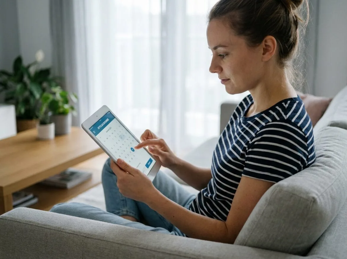 Jeune femme utilisant une tablette pour prendre rendez-vous chez son opticien en ligne depuis son salon