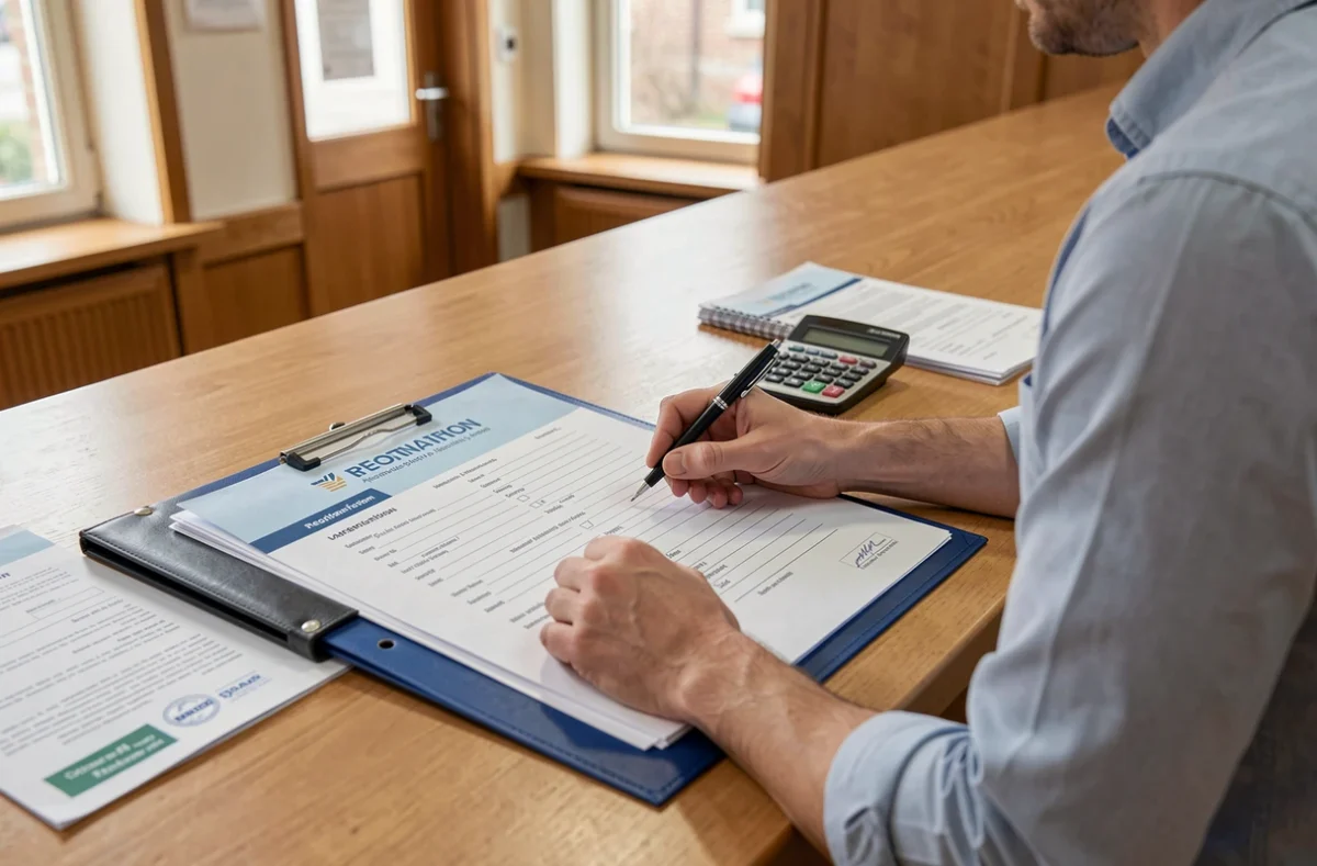 Parent remplissant un dossier d'inscription &agrave; la mairie