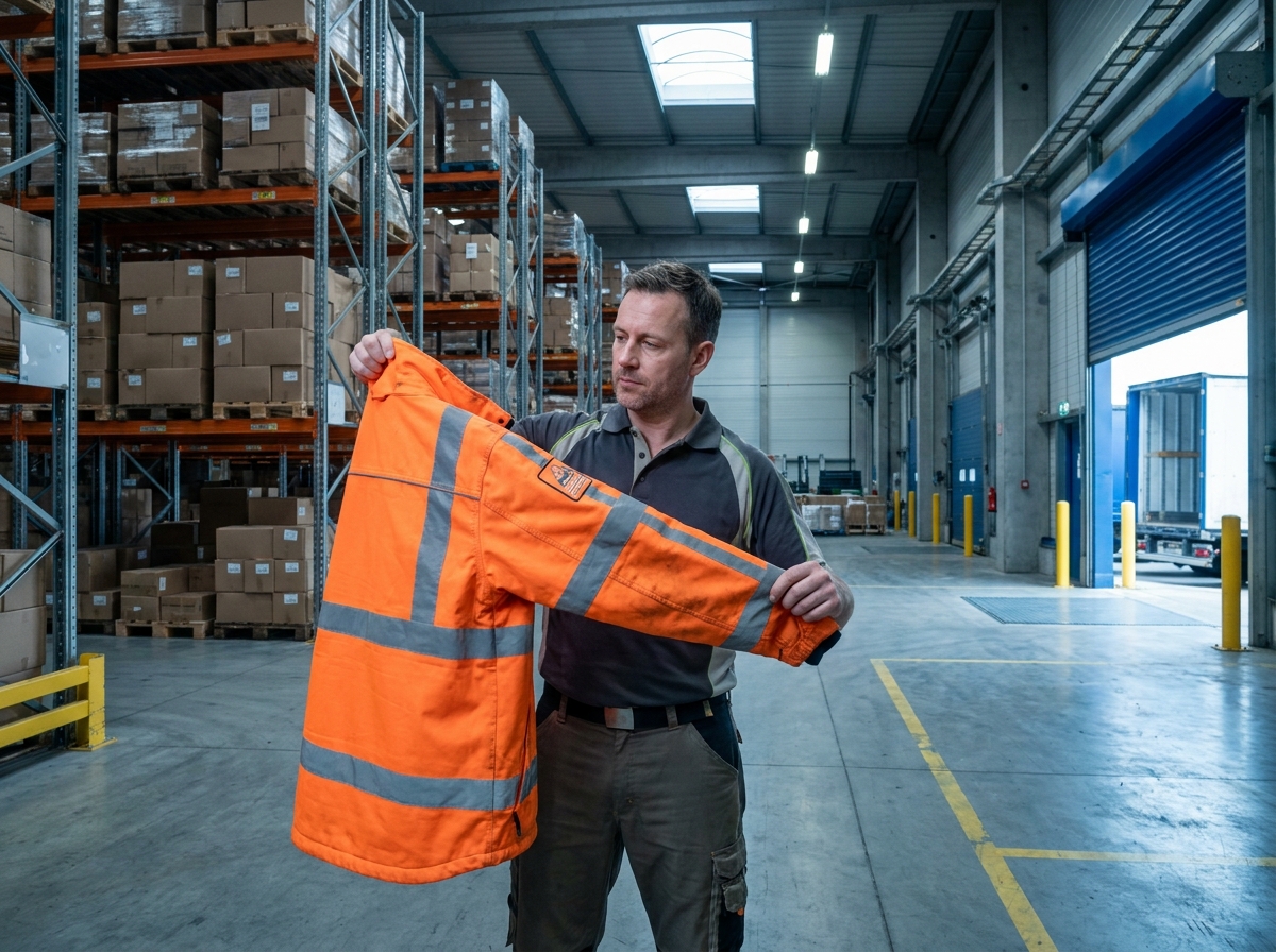 Ouvrier en entrepôt inspectant une veste de travail haute visibilité reçue après une commande en ligne