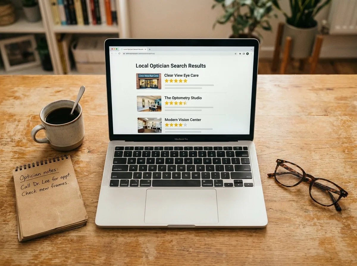 Vue de dessus d'un bureau avec un ordinateur affichant des résultats de recherche locale pour un opticien et des lunettes