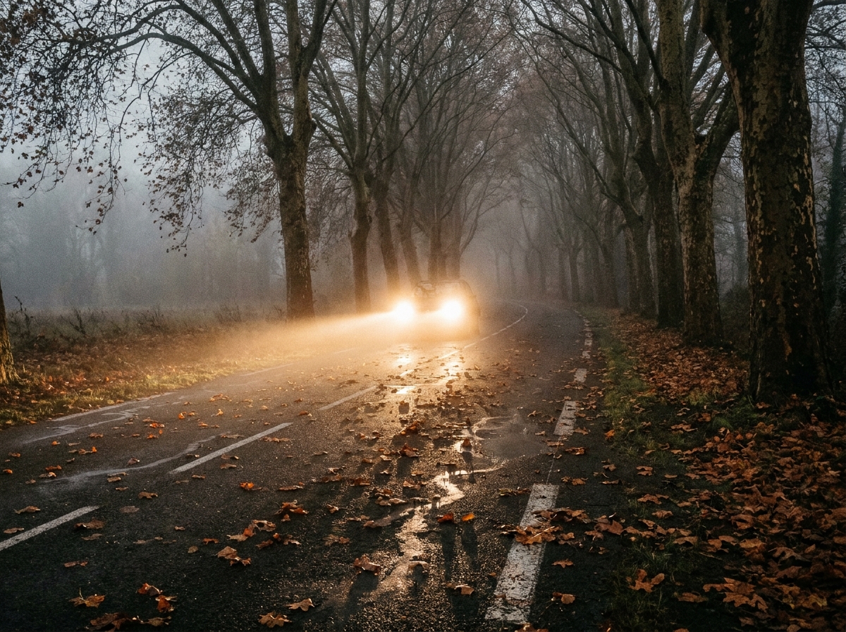 Route de nuit brumeuse bord&eacute;e de platanes en Anjou avec phares de voiture per&ccedil;ant le brouillard automnal