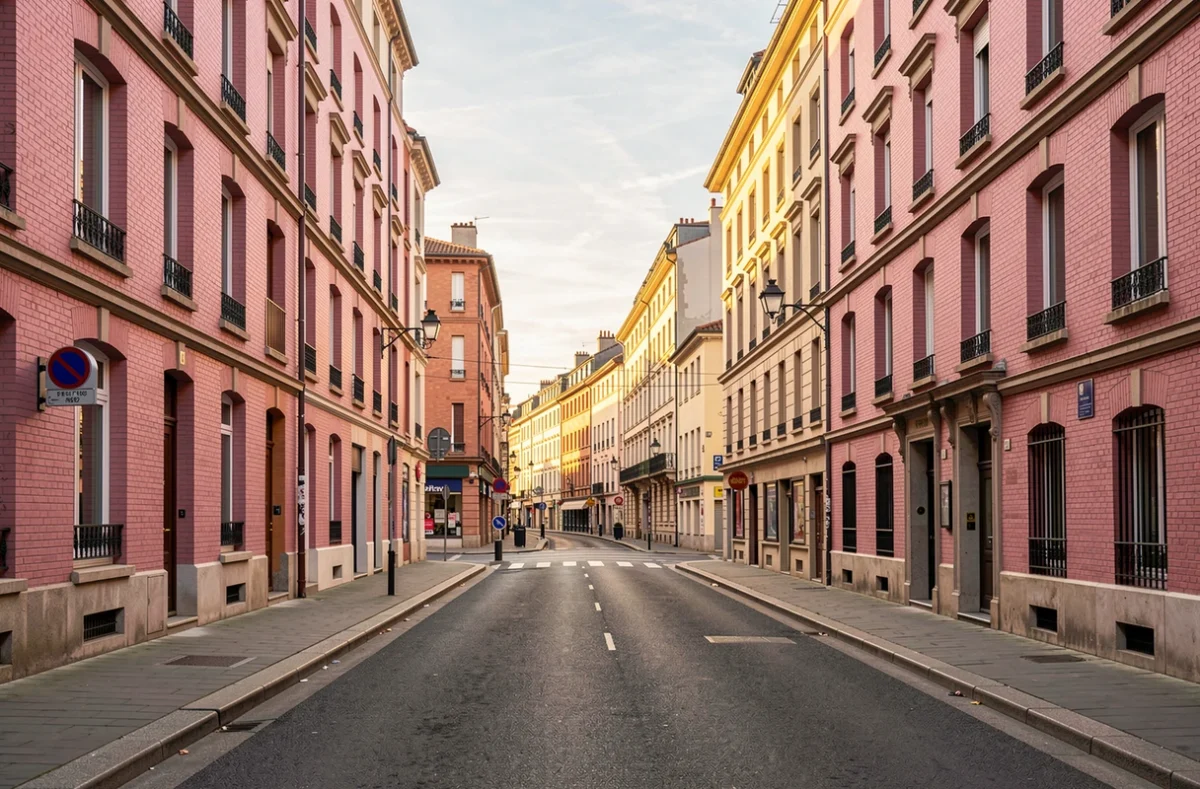 Rue toulousaine en brique rose pr&egrave;s d'une station de m&eacute;tro