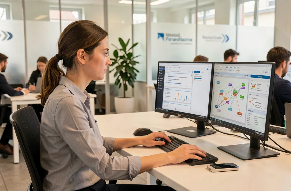 Sp&eacute;cialiste en support informatique analysant des donn&eacute;es r&eacute;seau sur double &eacute;cran dans une entreprise de services num&eacute;riques du Morbihan