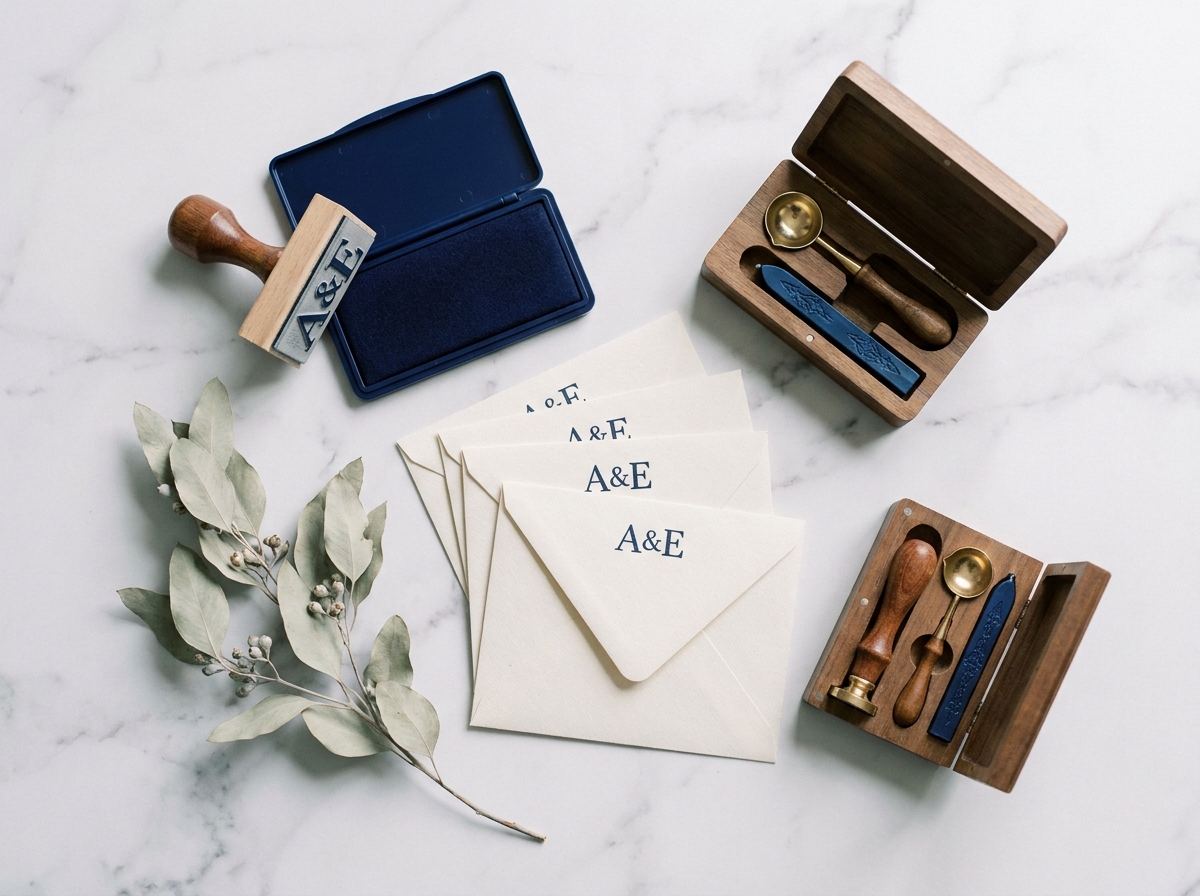 Tampon personnalisé avec encreur bleu marine, enveloppes estampillées et accessoires de papeterie sur marbre blanc