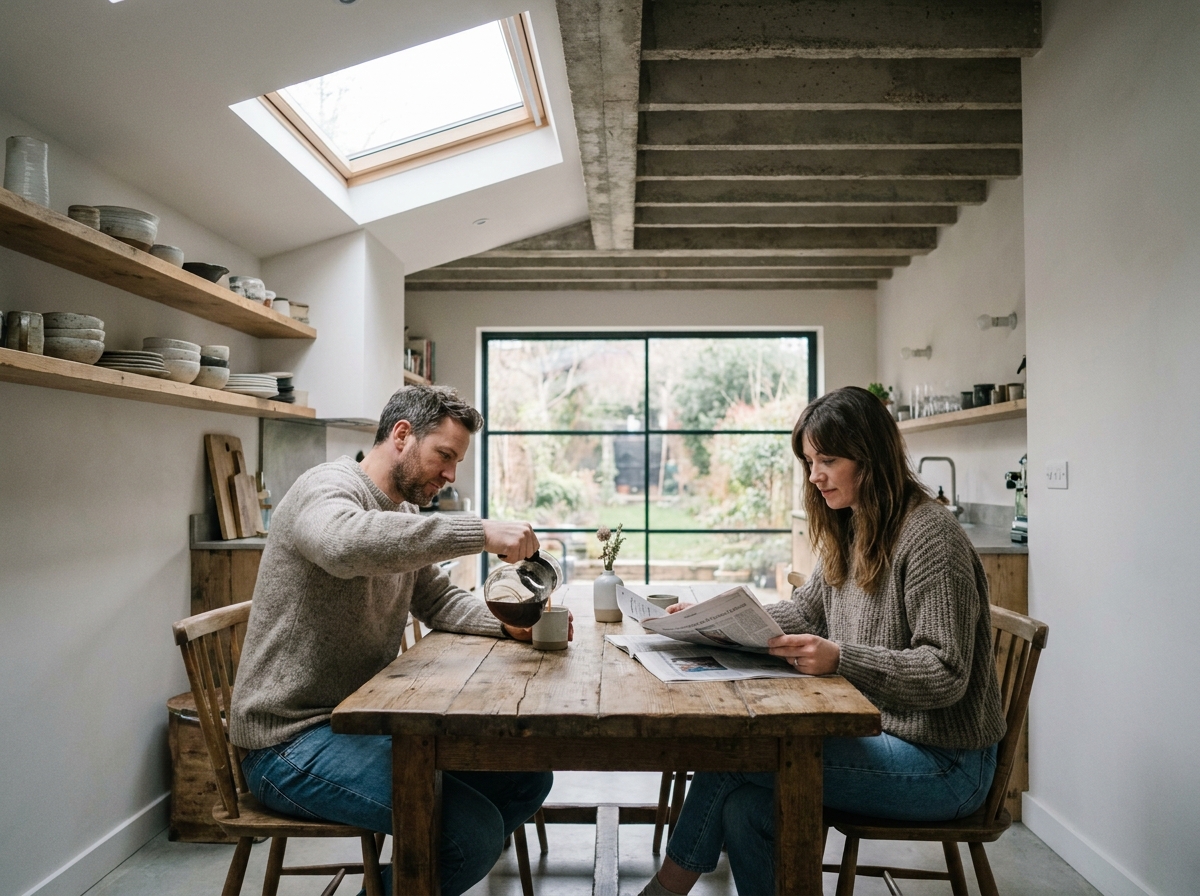 Couple prenant le petit-déjeuner sous une fenêtre de toit dans une cuisine rénovée baignée de lumière naturelle discrète