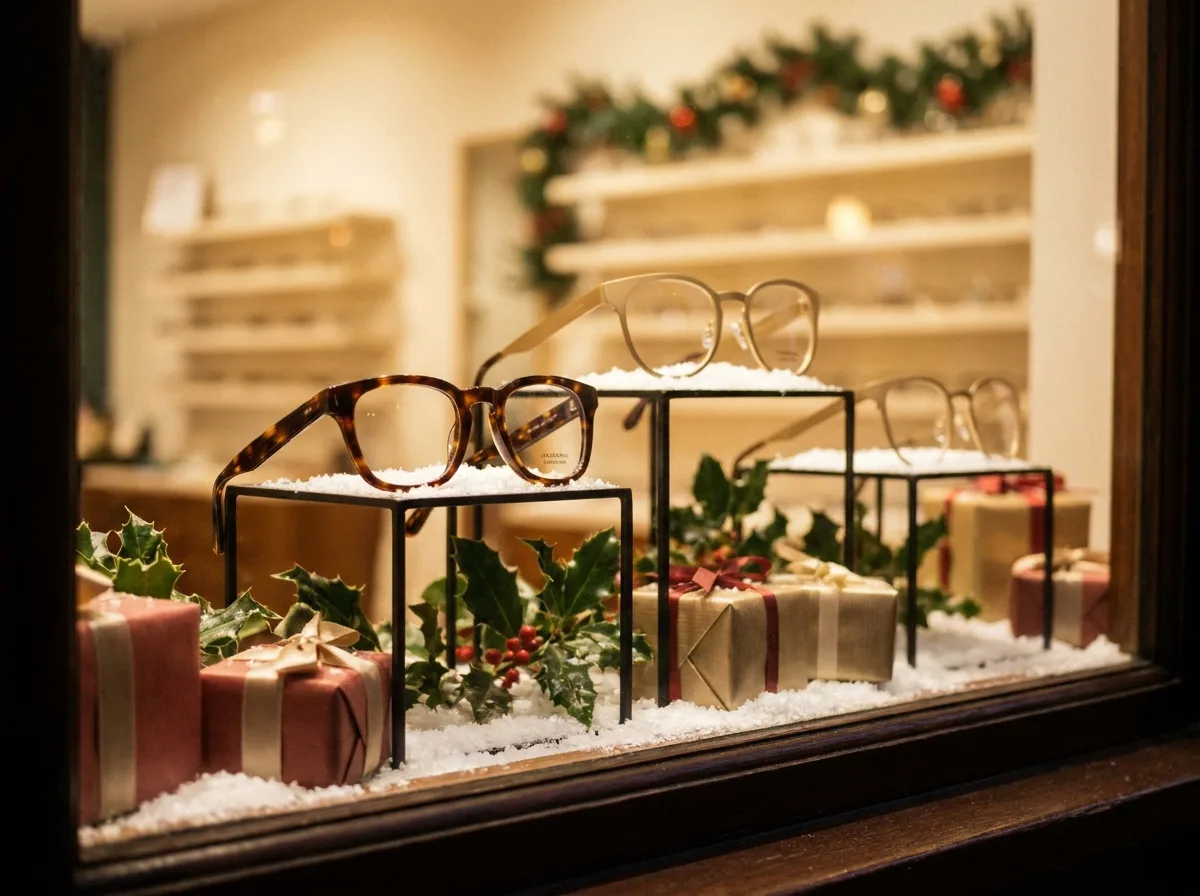 Vitrine d'opticien d&eacute;cor&eacute;e pour les f&ecirc;tes avec des montures de lunettes premium et des ornements de No&euml;l