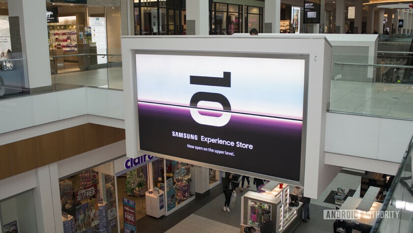 An advertisement for the Samsung Galaxy S10 viewed in the Roosevelt Field mall in Long Island, where the newest Samsung Experience Store is located.