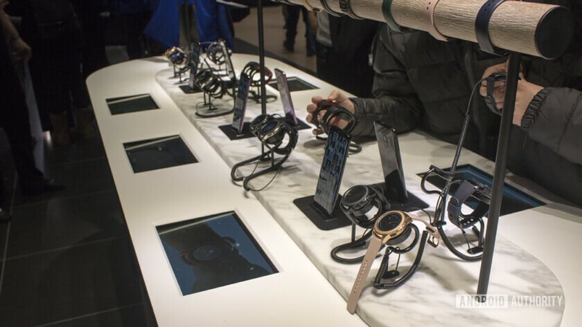 A row of various Samsung Galaxy wearables, as seen in the Samsung Experience Store in Long Island.