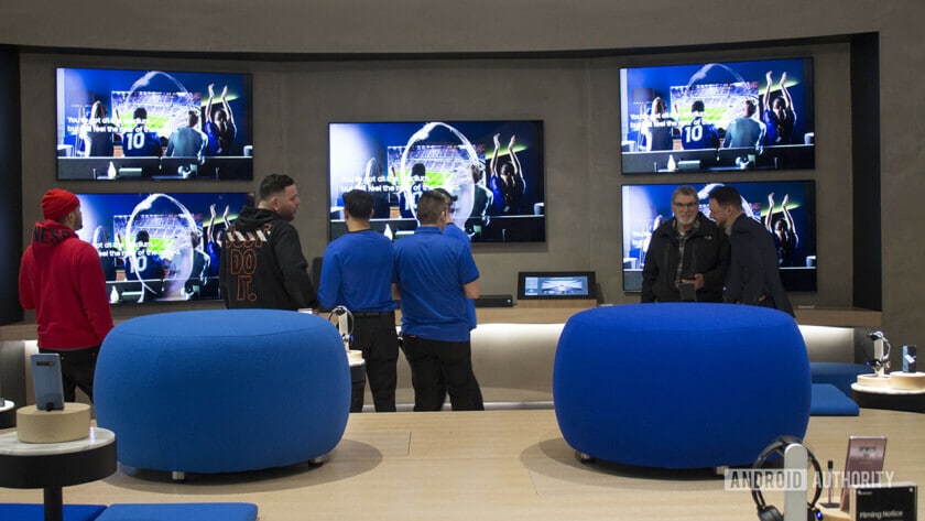 A wall of Samsung TVs on display at the Samsung Experience Store in Long Island.